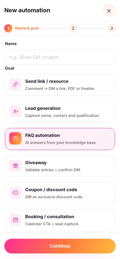 The new automation screen with the FAQ automation goal selected out of eight goal cards