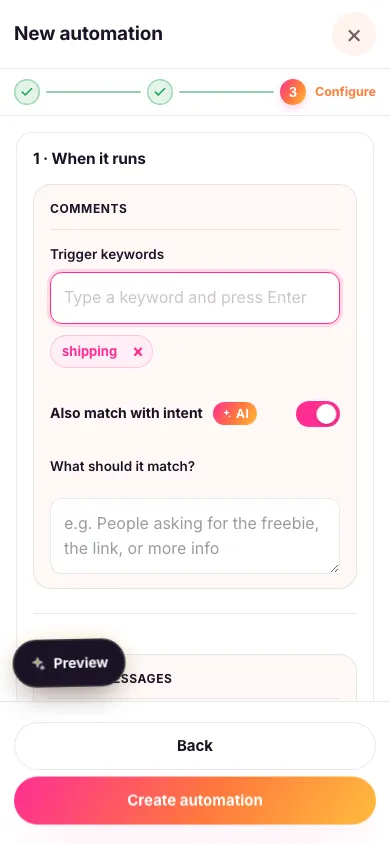 The Configure step of a custom automation, showing the trigger-keyword builder with a keyword added and the reply preview on the left
