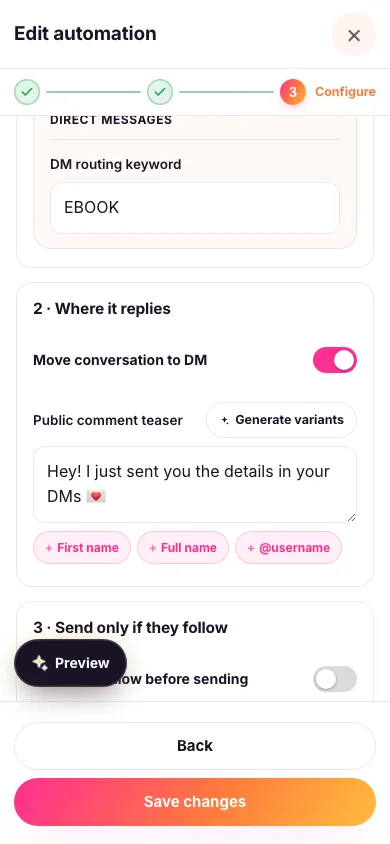 The Move conversation to DM switch turned on, with the public comment teaser field below it and a phone preview showing the teaser posted under the comment