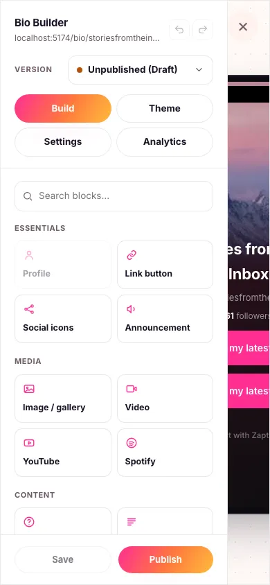 The bio page builder showing the block library on the left and a live phone preview of the page in the center