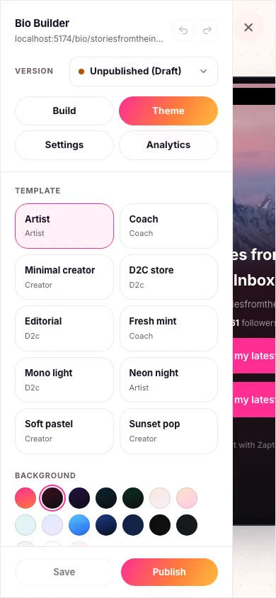 The bio page builder's Theme tab showing a grid of template options and a row of background color swatches