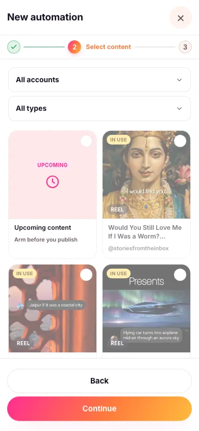 The content picker showing a grid of posts and reels to choose from, with account and type filters above