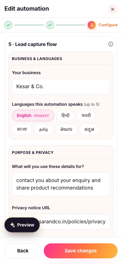 The lead capture setup showing the business name field, the row of language chips with English marked as primary, and the purpose and privacy section below