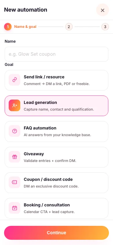 The new automation screen with the Lead generation goal selected out of eight goal cards