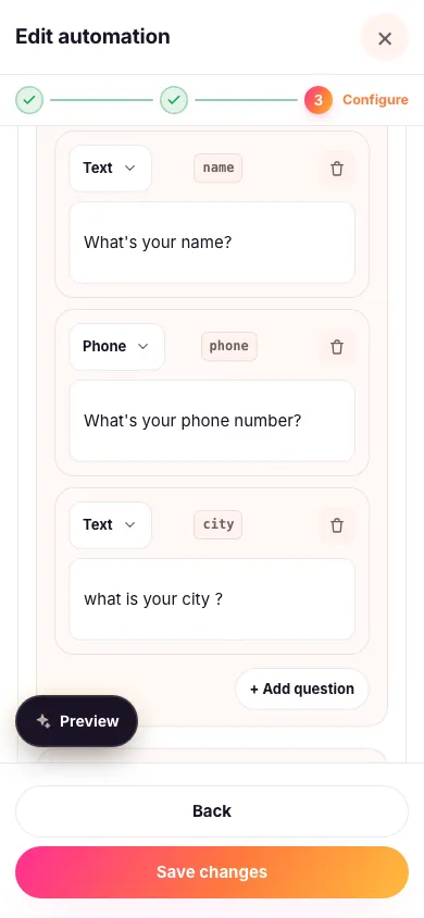 The questions editor with three questions added — a text question for name, a phone question and a text question for city — and an Add question button below