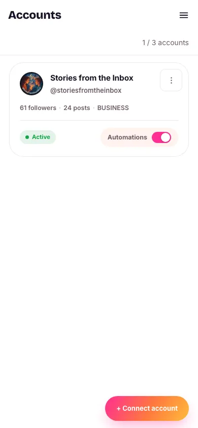 The Accounts page in Zaptium with the Connect account button and one already-connected Instagram account listed below it