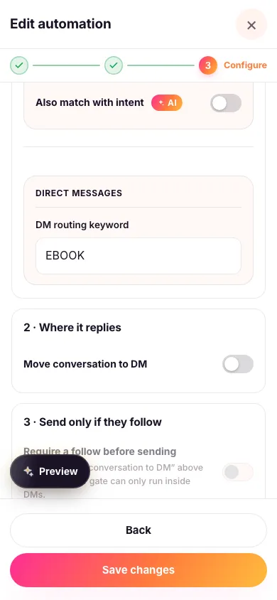 The automation setup screen showing the DM routing keyword box filled in with the word EBOOK