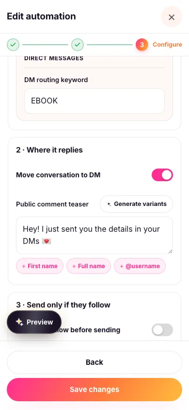 The Move conversation to DM switch turned on, with the public comment teaser field below it and a phone preview showing the teaser posted under the comment