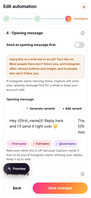The Opening message section with its switch off, a reminder to turn it on for trial reels and ads, and the opening message versions below it, next to a live preview of the reply arriving in the DM with its button