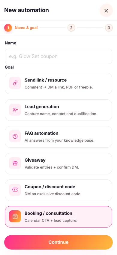 The new automation screen with the Booking / consultation goal selected out of eight goal cards