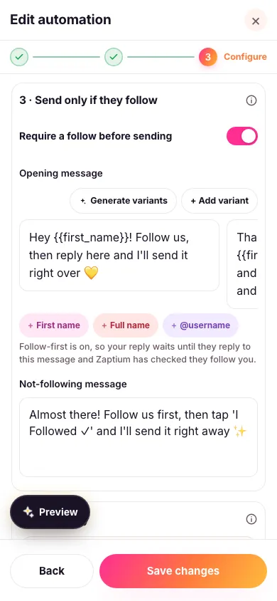 The Send only if they follow section turned on, with the opening message versions and the not-following message, next to a live preview of the opening message, the person's reply, and the Follow and I Followed buttons in the DM