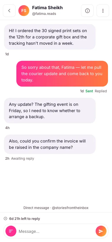 An open priority inbox conversation with the Why this is here and Resolve buttons, and a reply box at the bottom