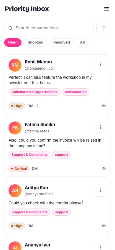 The priority inbox queue with a list of flagged conversations, each showing priority, source and the automation or rule that surfaced it