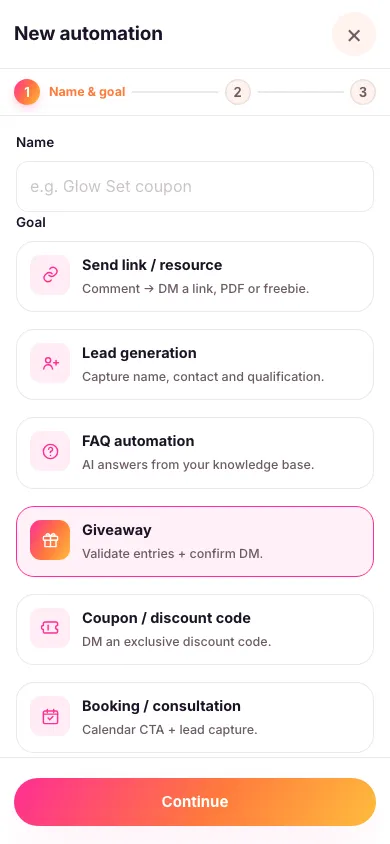 The new automation screen with the Giveaway goal selected out of eight goal cards