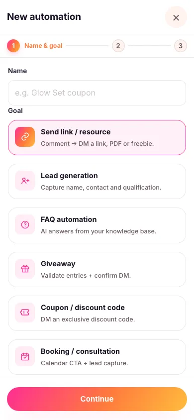 The new automation screen with the Send link / resource goal selected out of eight goal cards