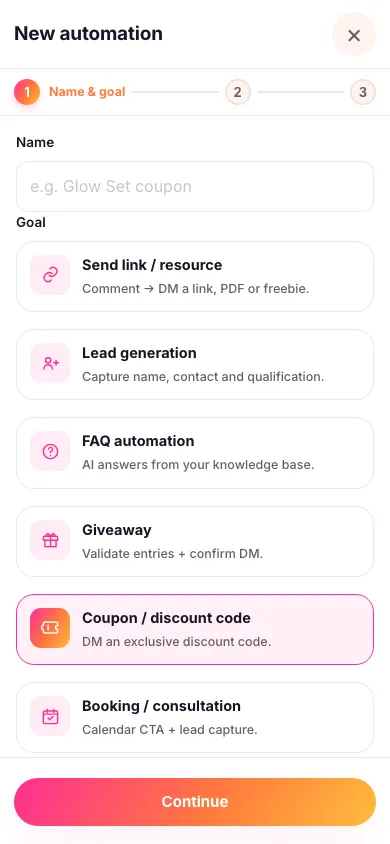 The new automation screen with the Coupon / discount code goal selected out of eight goal cards