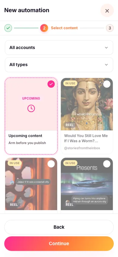 The content picker with the Upcoming content tile selected instead of an existing post, labelled Arm before you publish
