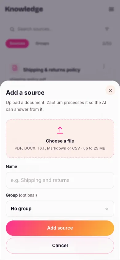 The Add a source dialog with a file chosen, a name entered, and the optional group dropdown, over the list of existing sources