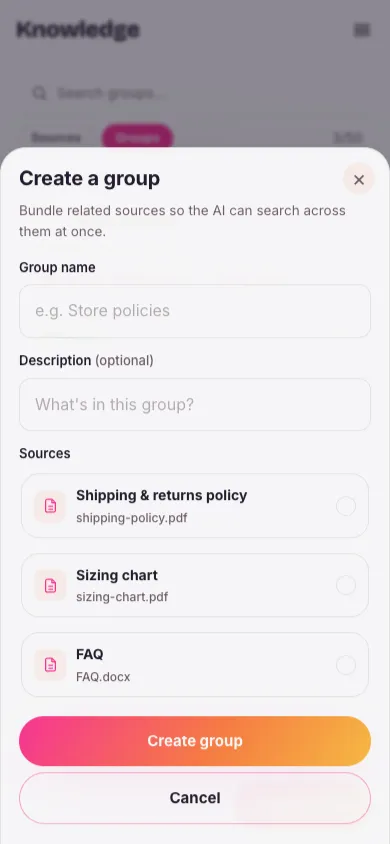 The Create a group dialog with a group name, an optional description, and a list of sources to include