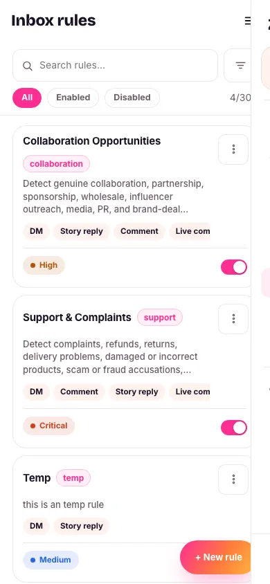 The Inbox rules list showing several configured rules with their labels, sources and priority